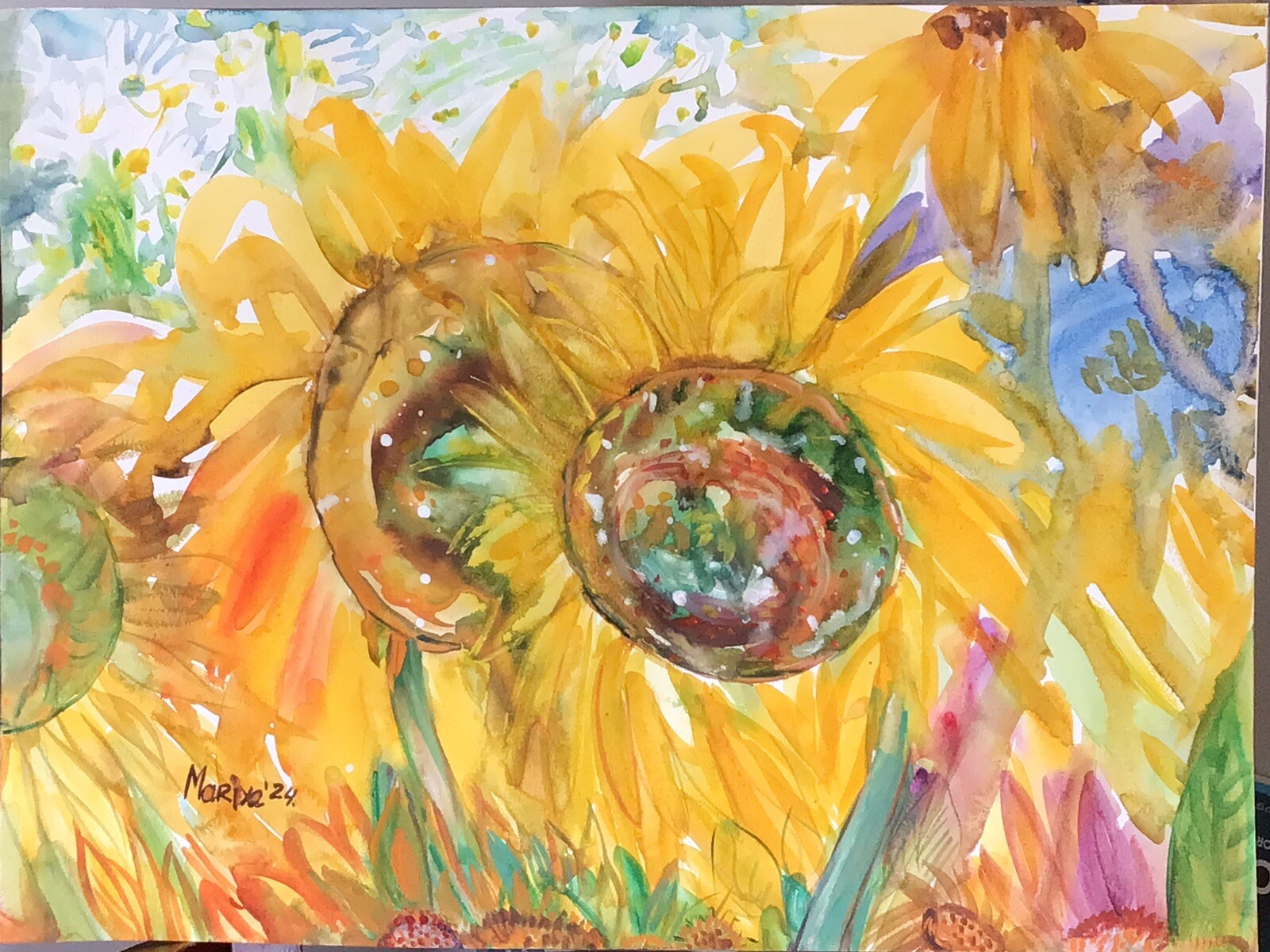 TWO SUNFLOWERS.Original Watercolor Painting