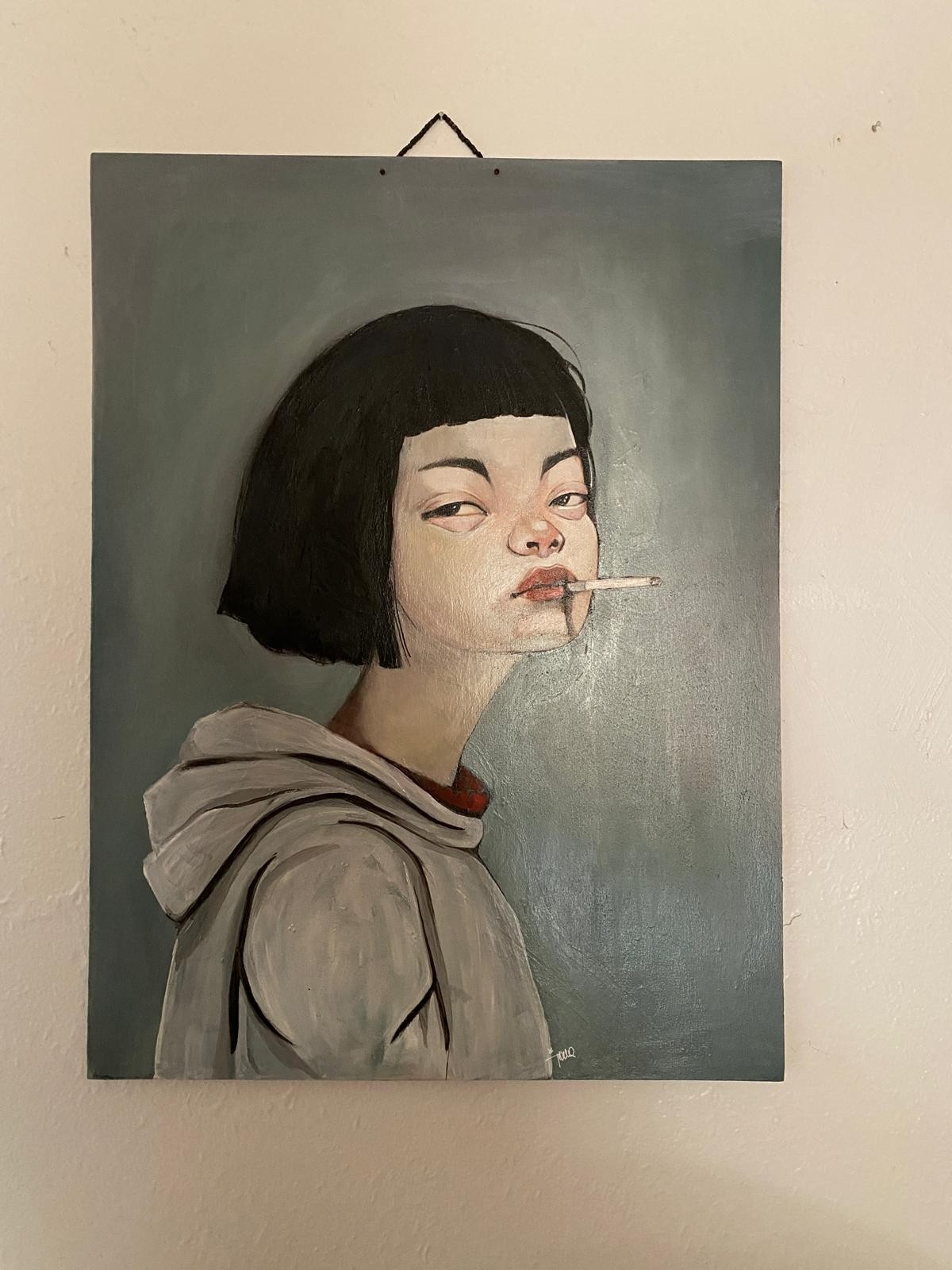 Original Oil Painting woman portrait smoking girl wood 18×24 I’m on my break!