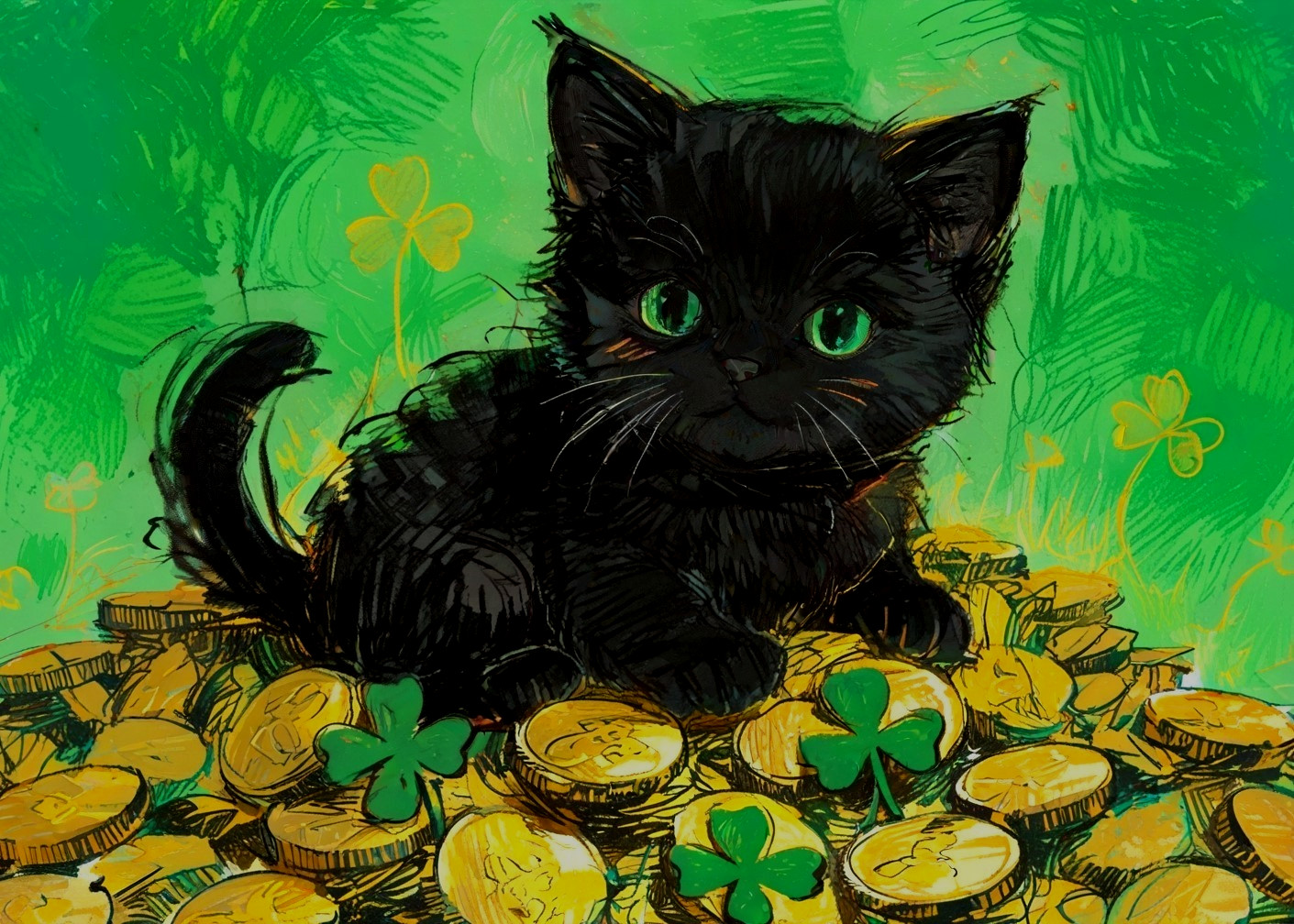 ACEO Mini Tiny *ART PRINT* Black Baby Cat Irish Gold Coins Clover Lucky Charm
