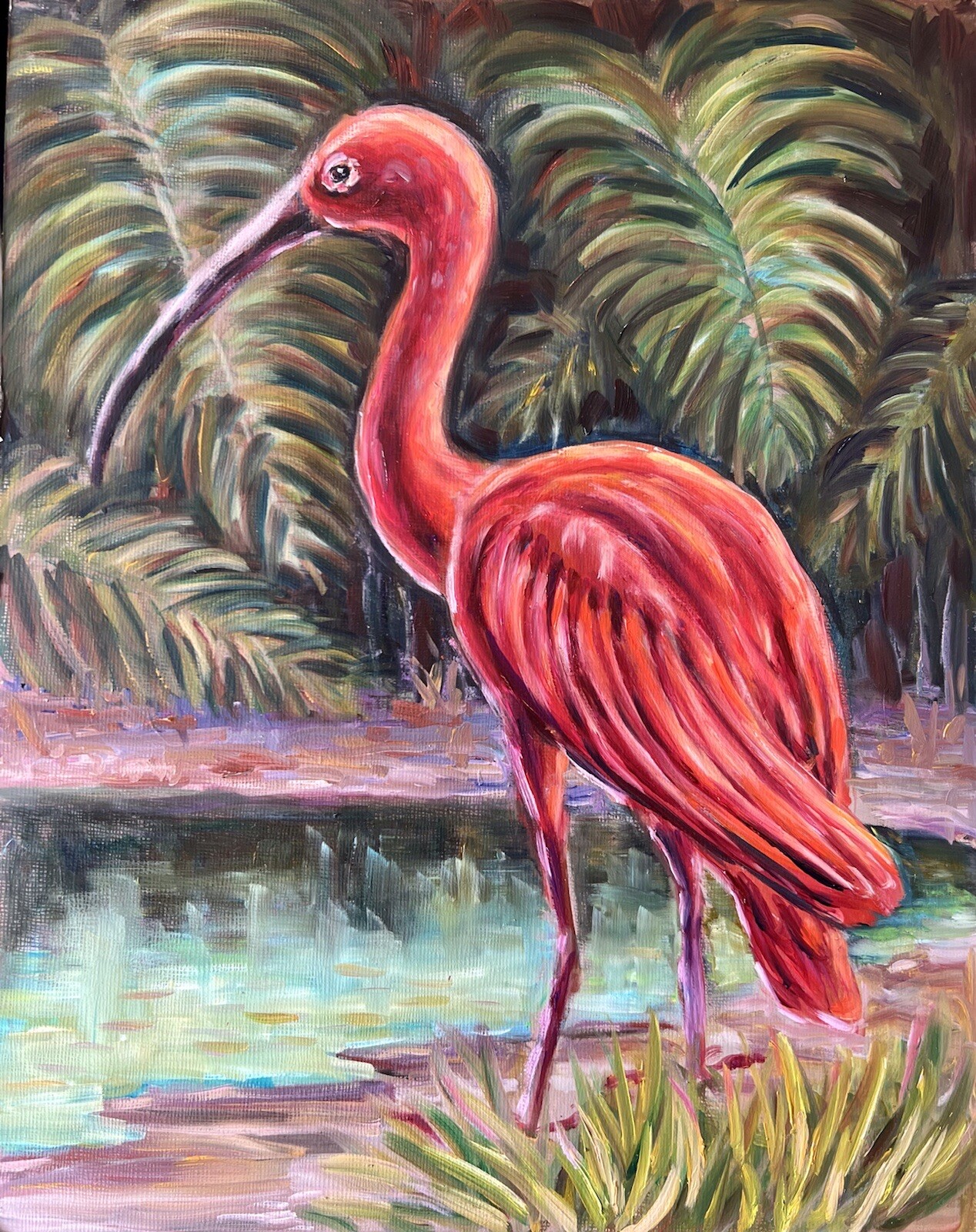 Red Bird Oil Painting Original Scarlet Ibis Wall Art 11×14 Wild Nature Decor
