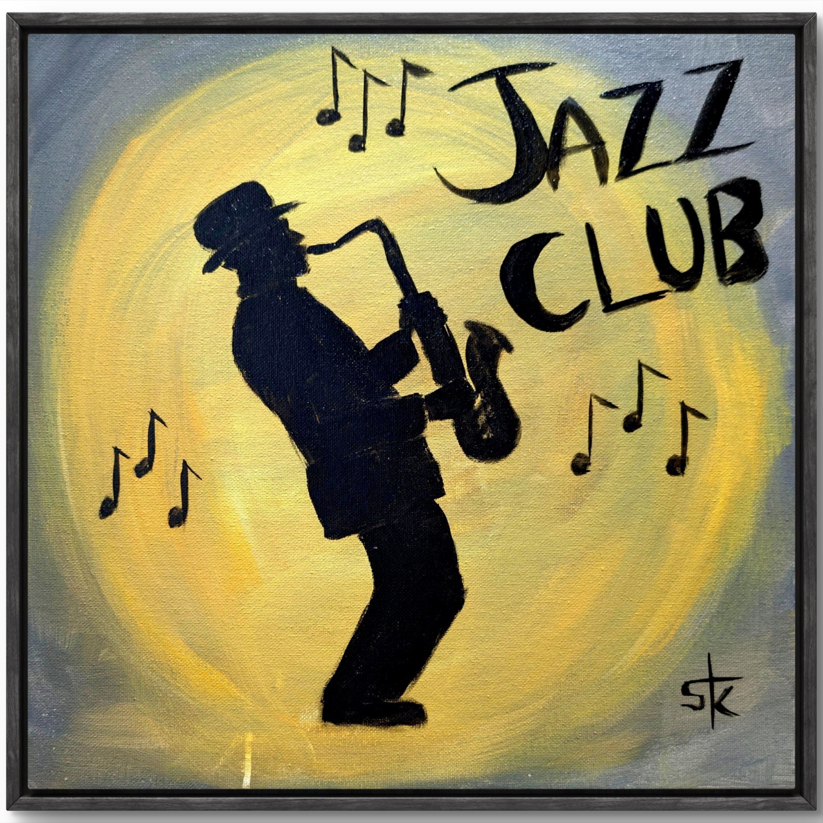 Original Hand Painted Jazz Club 14×14 Canvas Acrylic Impressionist Saxophone Art