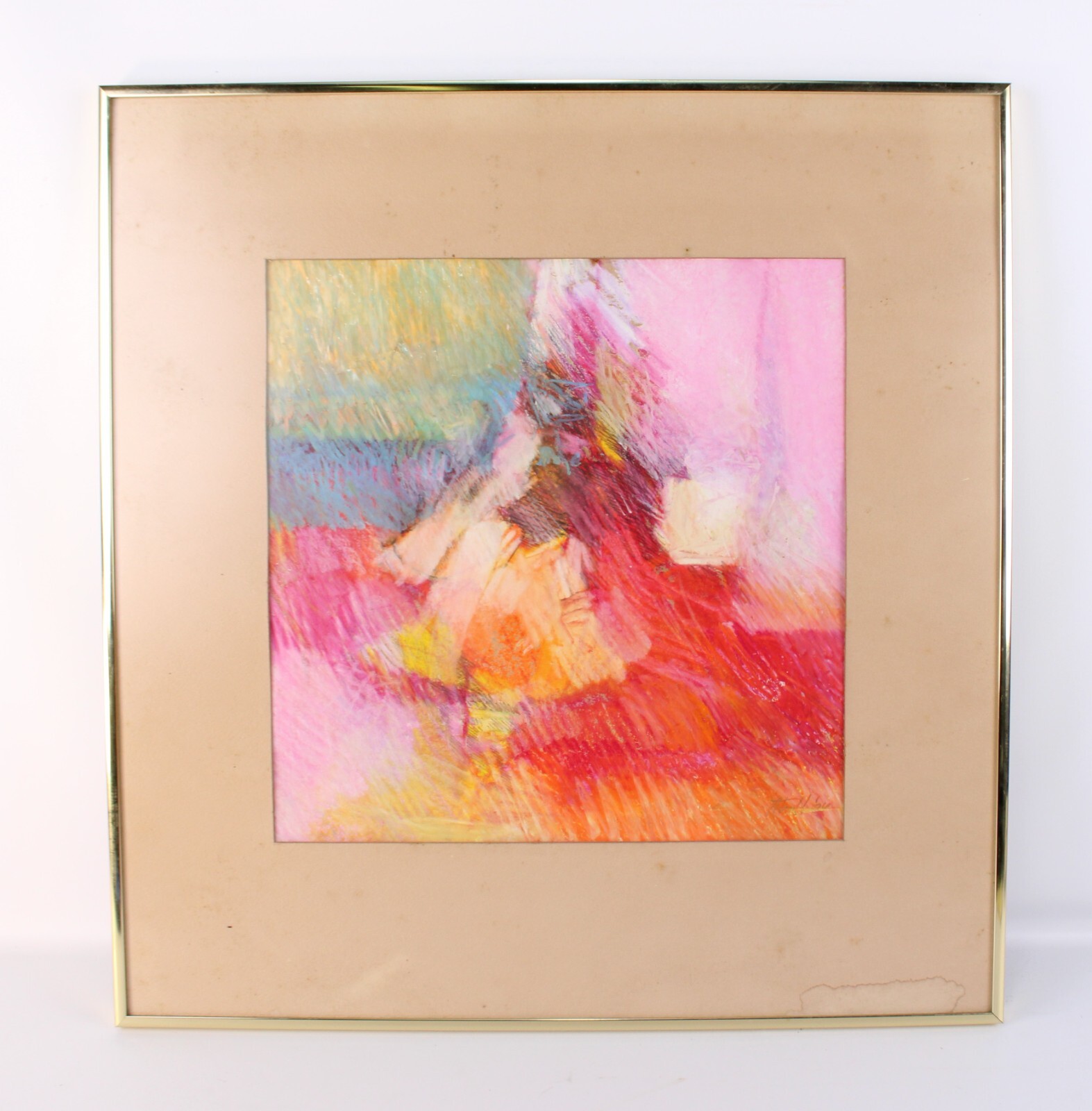 Mid Century Pink Abstract Oil Crayon Painting On Paper Signed Richard Terrell 64
