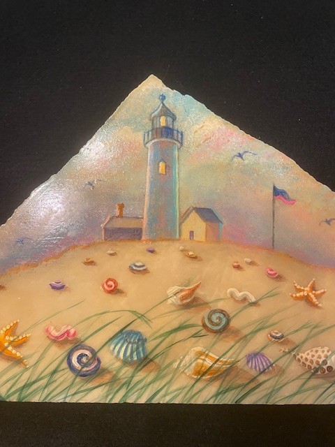 Marcia Abramsohn, Oil on Verdi Marble, Signed Beach Scene Lighthouse 7.5X7.5X1″