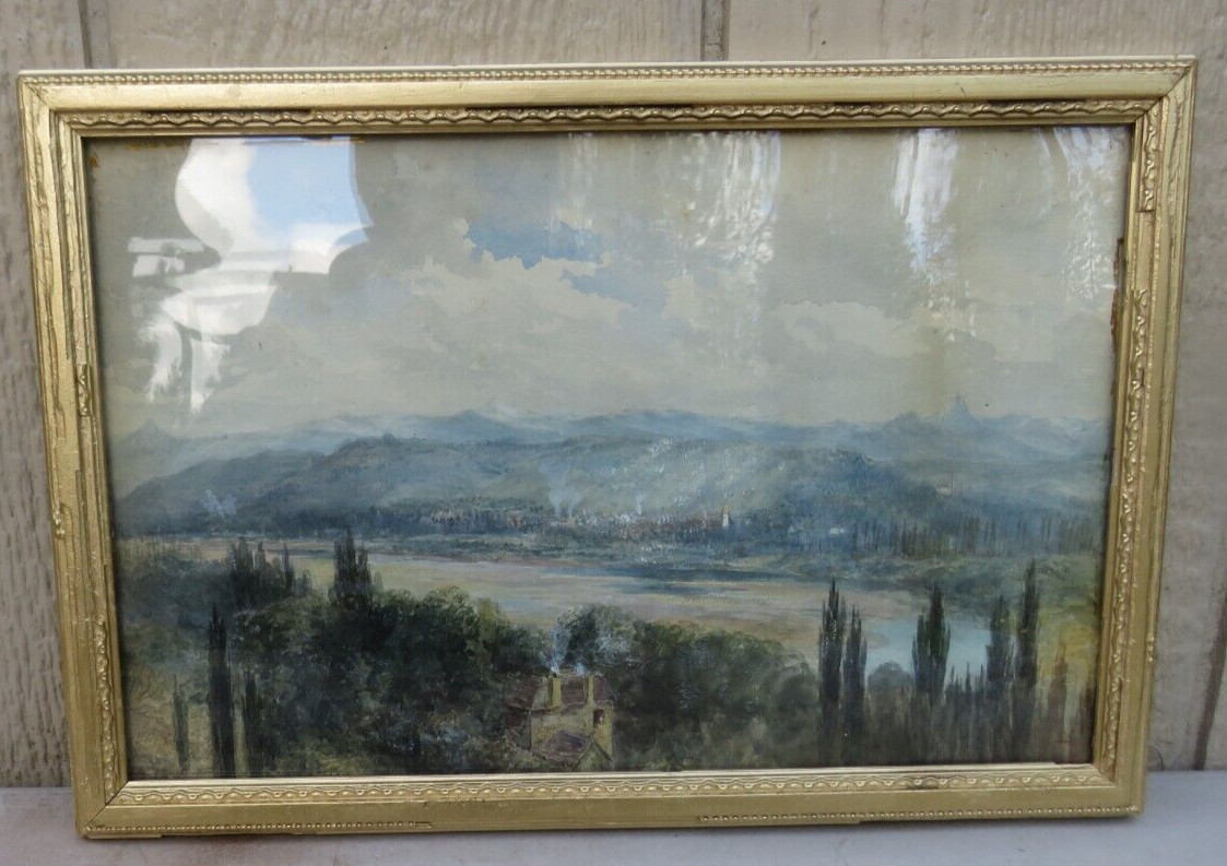 FRAMED WATERCOLOR PAINTING LANDSCAPE SUN SET AFTER RAIN