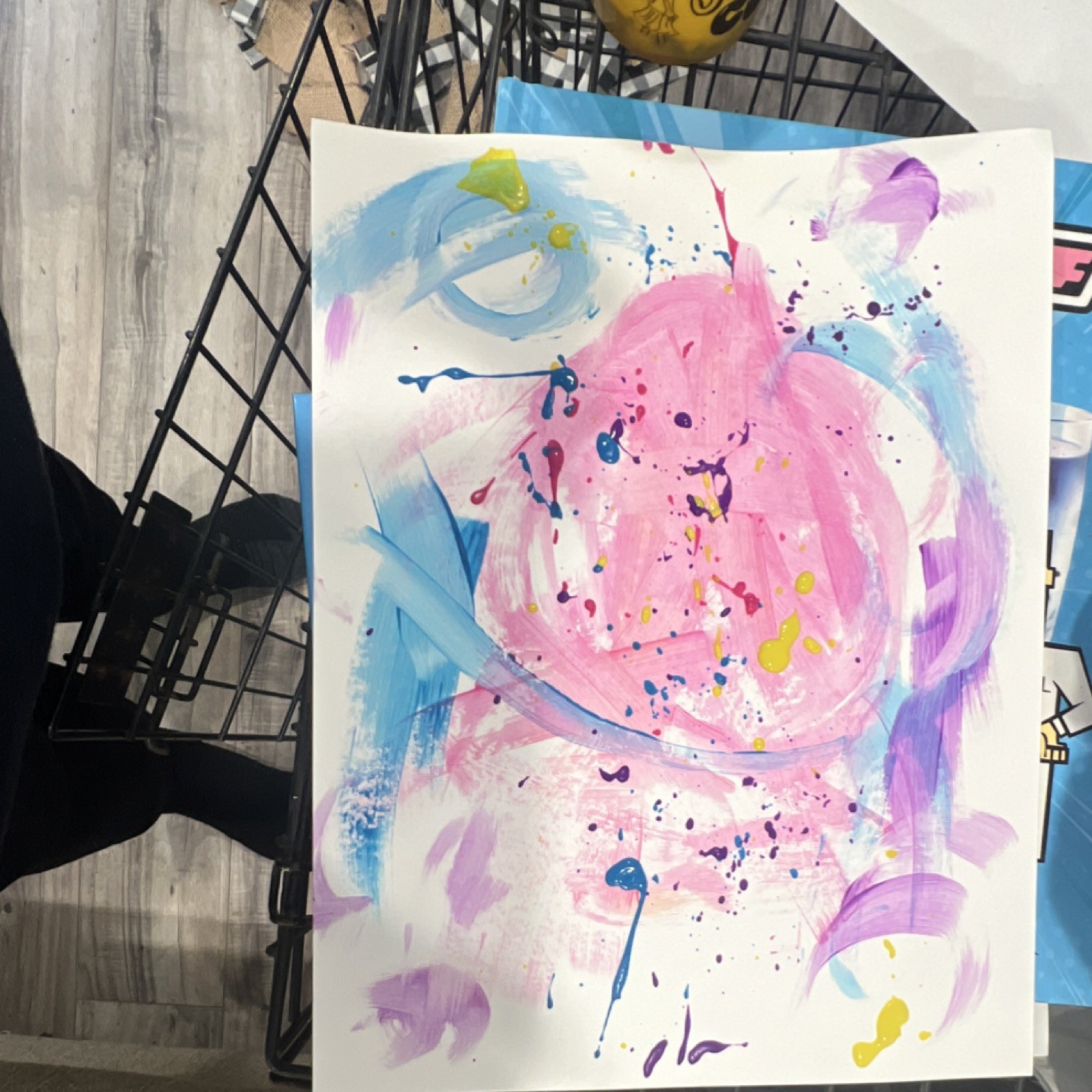 Original Abstract Acrylic Painting Pink Blue Yellow Art on Cardstock Paper