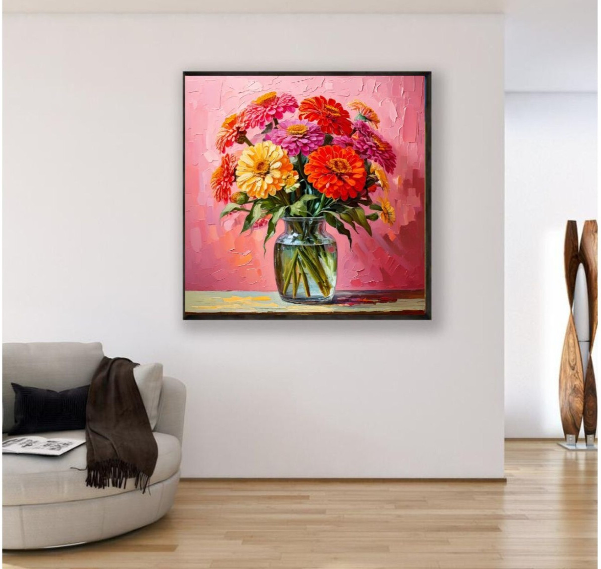 ORIGINAL Oil PAINTING on Canvas Zinnia Textured Art 12×12 in Custom Order