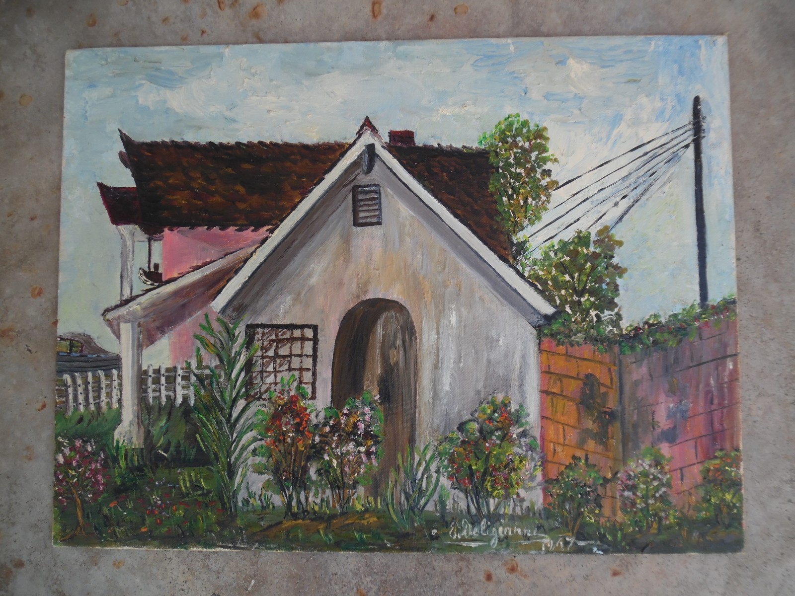 ORIGINAL OIL PAINTING OF EUROPEAN COUNTRY COTTAGE SIGNED DELIGIANNI 1967