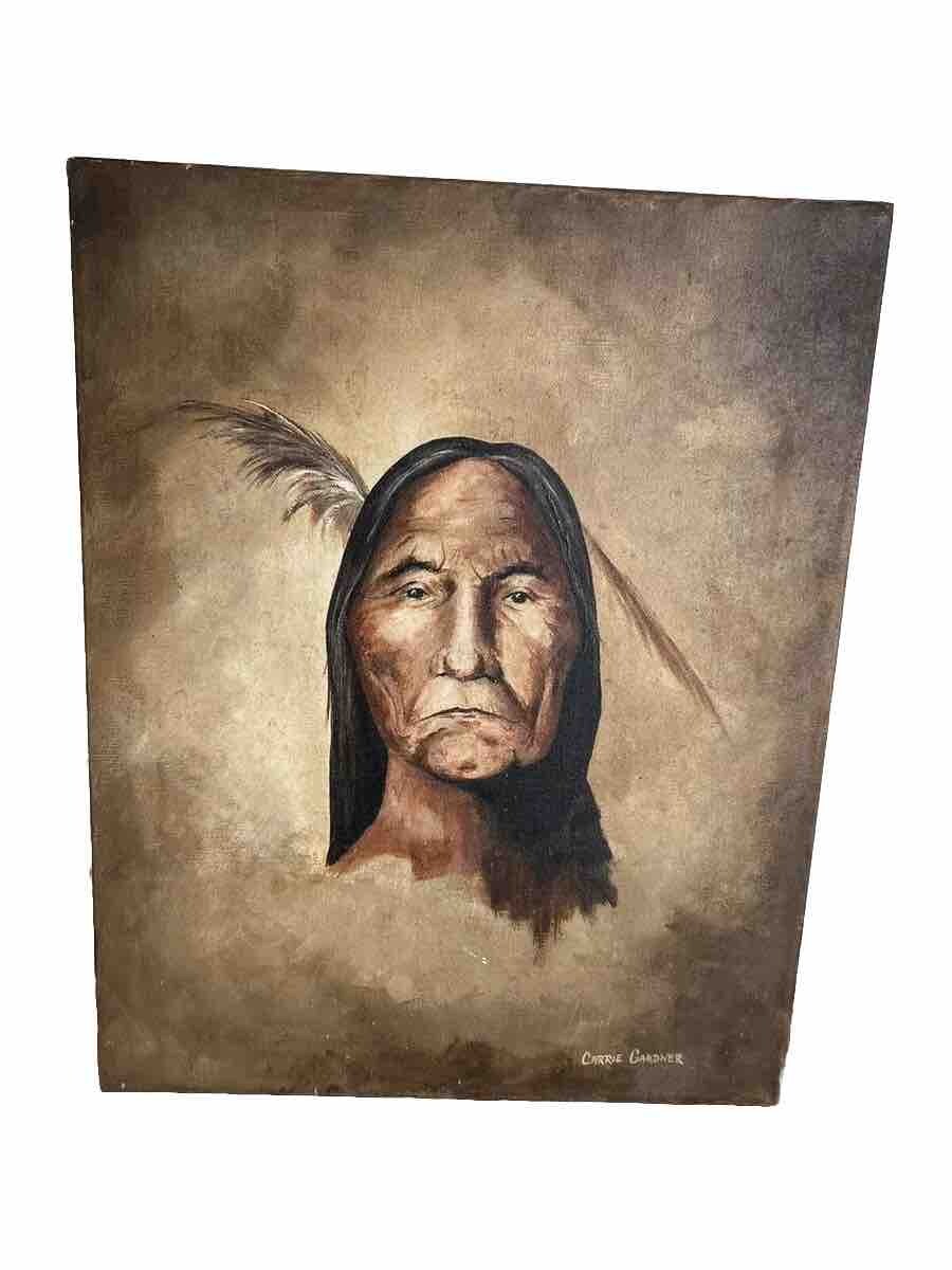 Vintage 1970s Native American Indians Acrylic On Canvas Signed Carrie Gardner