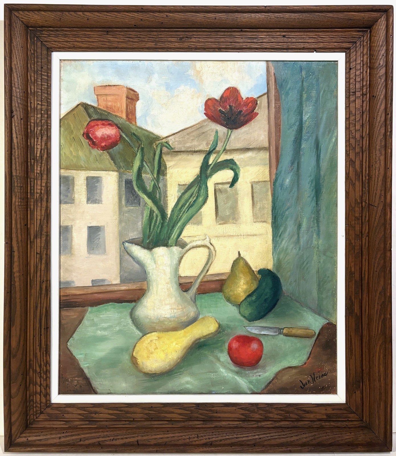 20th c. AMERICAN MODERNIST STILL LIFE PAINTING Tulips in Window JOAN WEISS