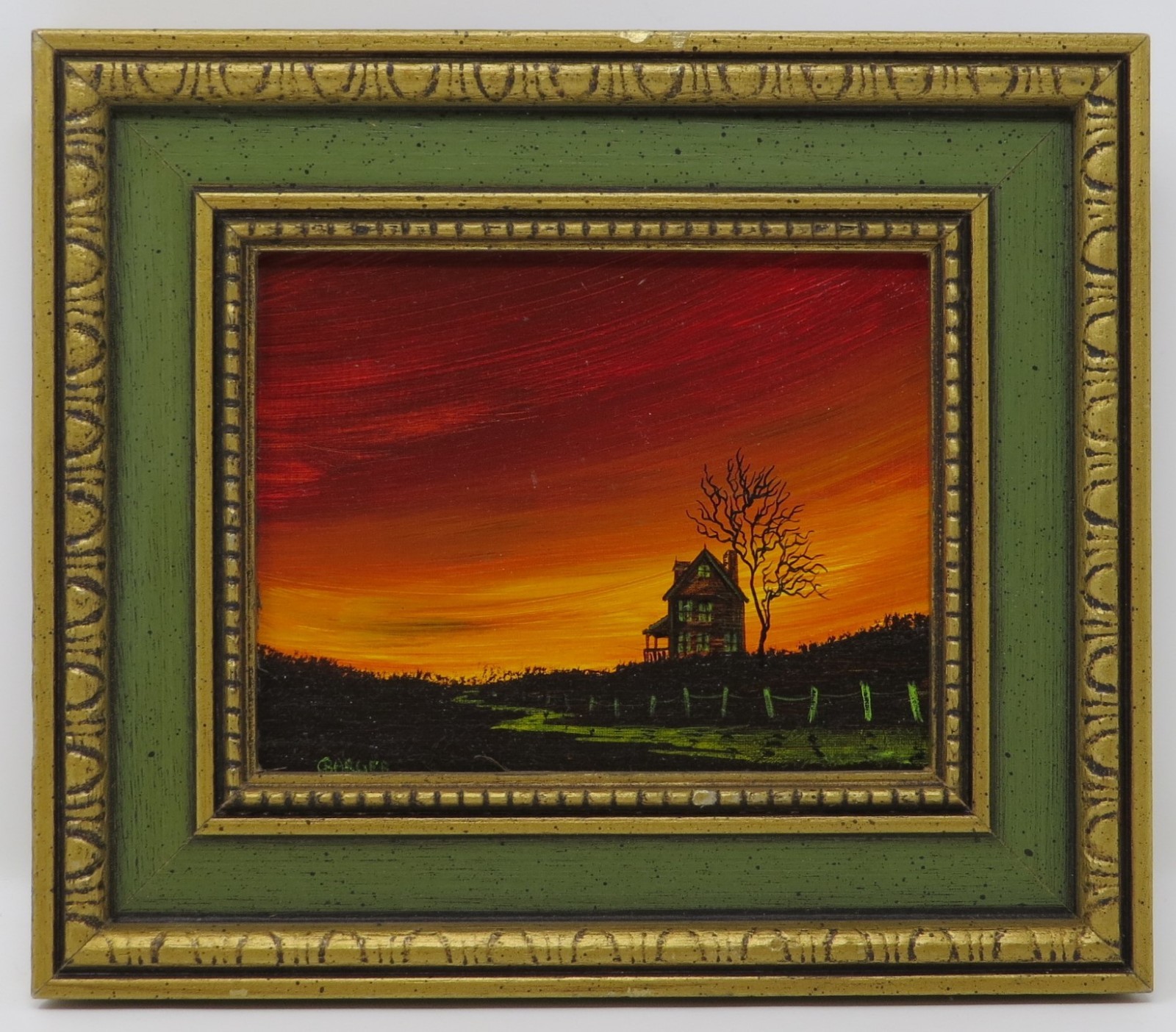 VTG Acrylic Painting Sunset Illinois Farmhouse Winter * 7.5 x 6.5″ Framed