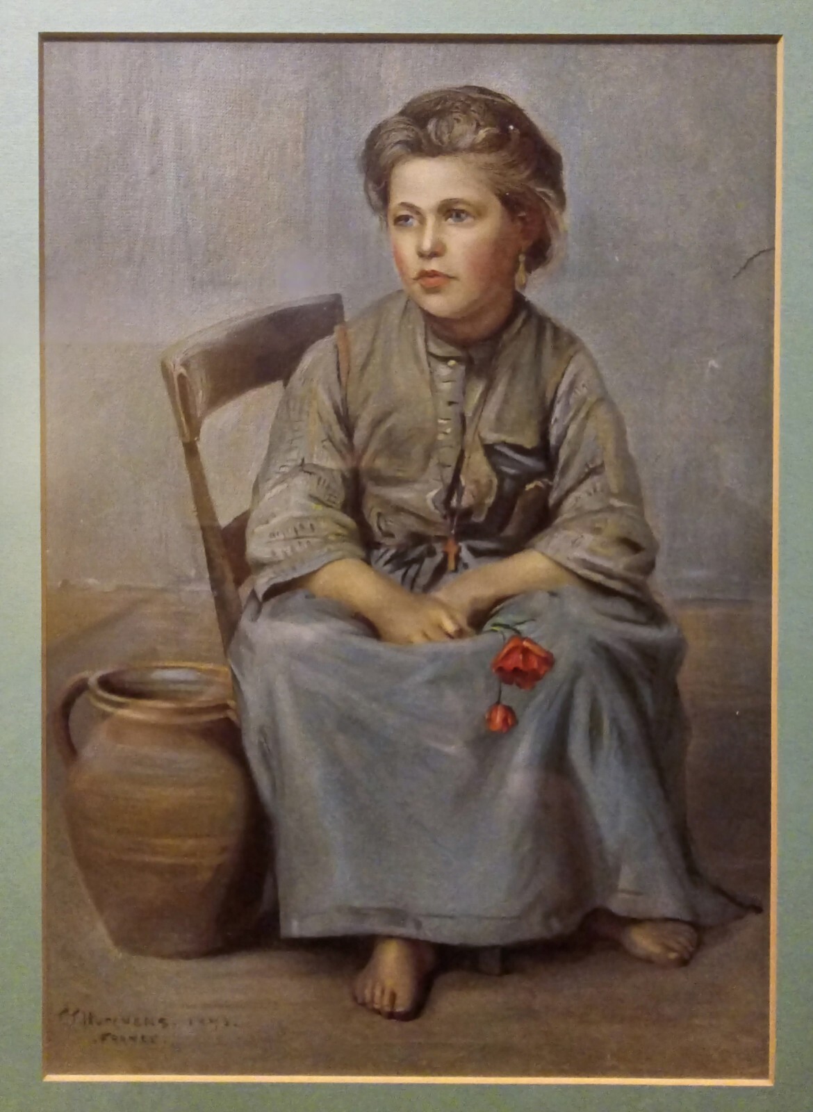IMPORTANT 1896 FRANK TOWNSEND HUTCHENS 1869-1937 PAINTING OF «POOR FLOWER GIRL»