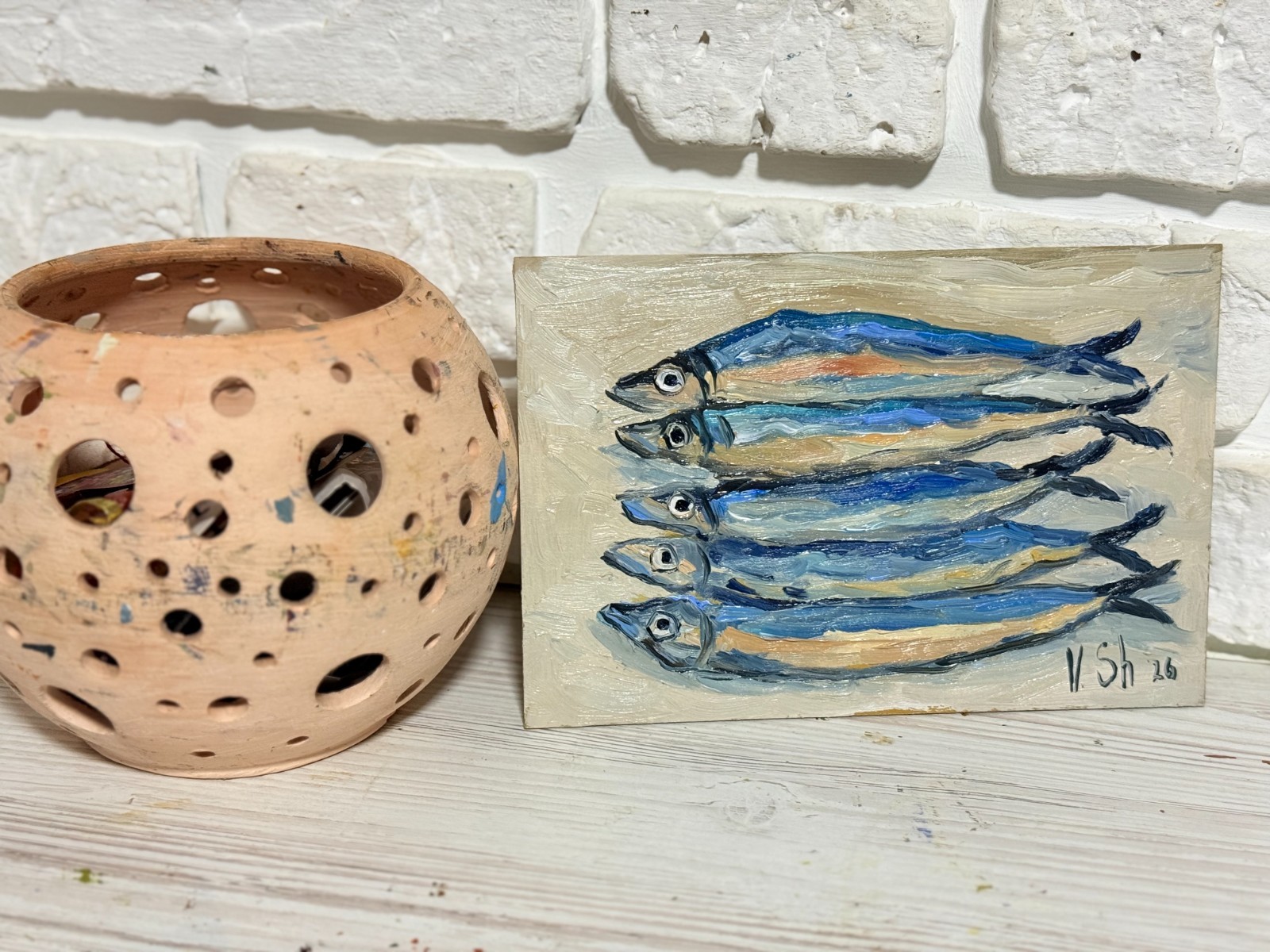 Sardine Original Oil Painting Fish Seafood Art Sardine Still life Kitchen Signed