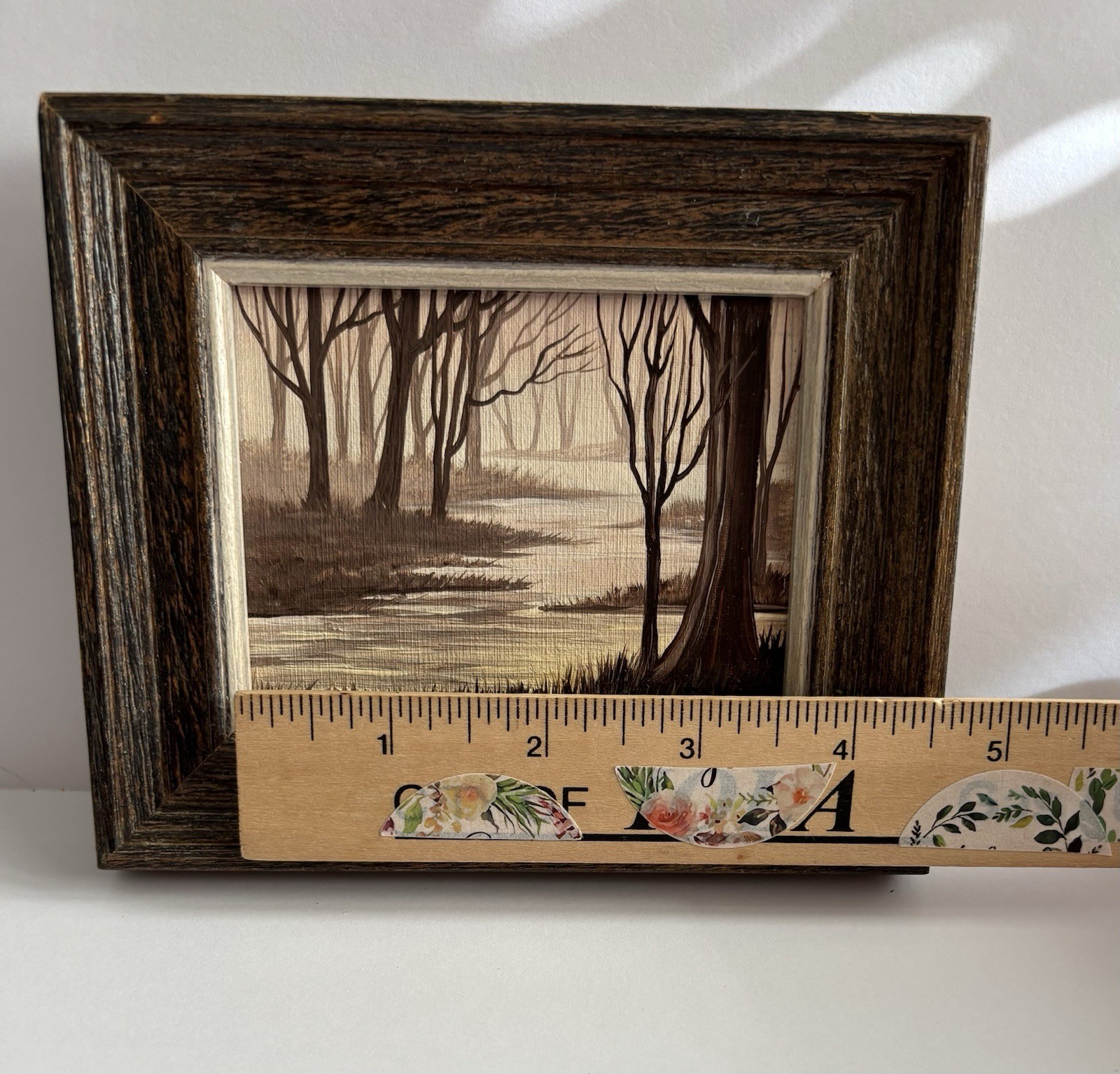 Mini Acrylic Framed Winter Landscape Painting Monochrome Trees Stream Signed