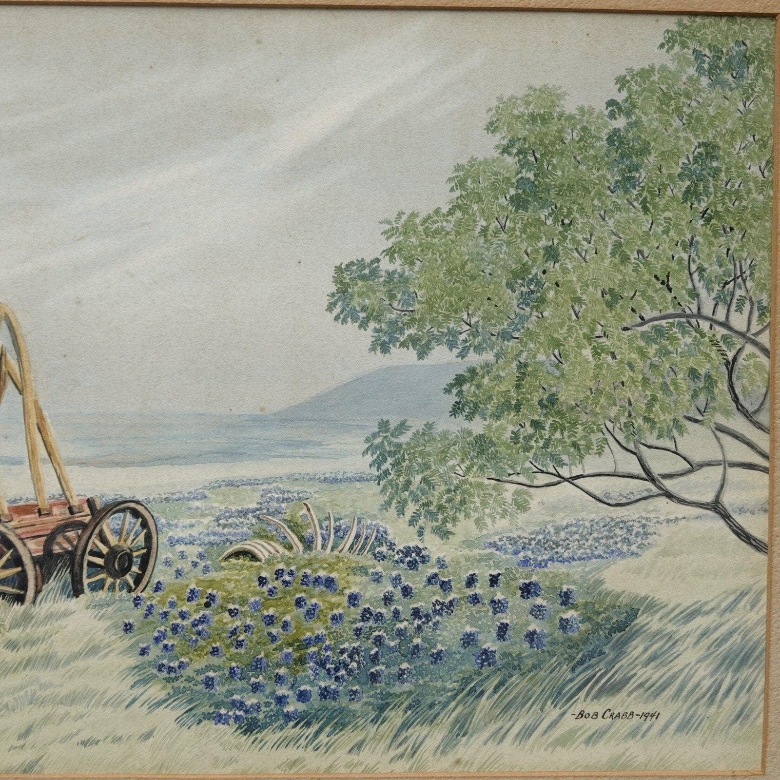 1941 Bob Crabb Texas Hill country Bluebonnet Landscape Watercolor