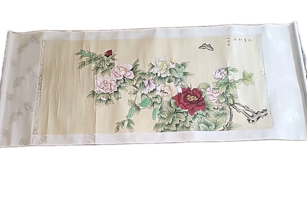 Chinese Large meticulous brushwork painting of peonies and butterfly. By LiJuan
