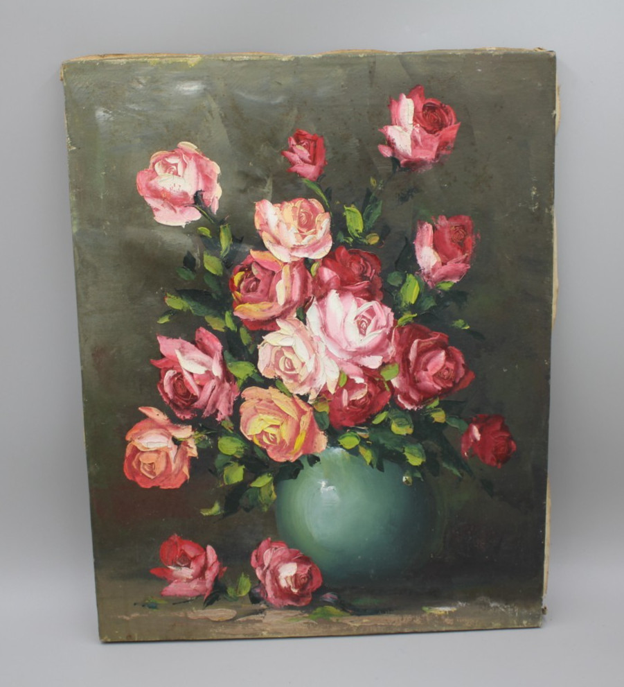 Vintage Original Oil Painting on Canvas Pink Roses in a Blue Vase 16×20” Vintage
