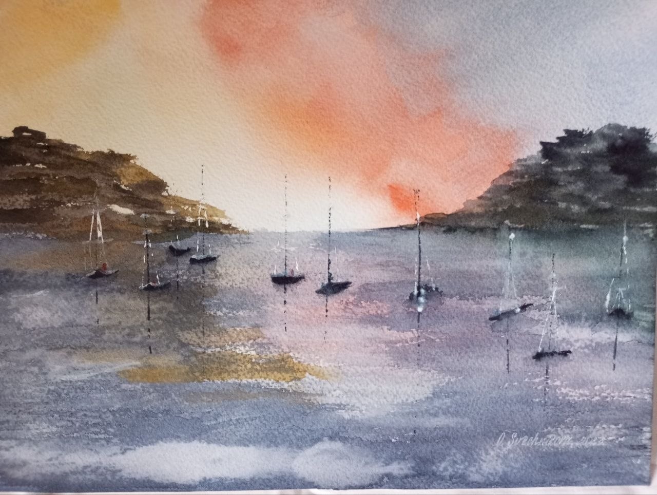 paintinwatercolor seascape quiet harbor sea sailboats beautiful sky sunrisegift