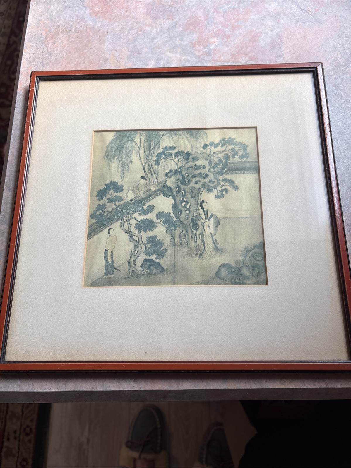 ASIAN ART PRINT Original CHINESE Green Blue Circa 1910 Genre Painting FRAMED