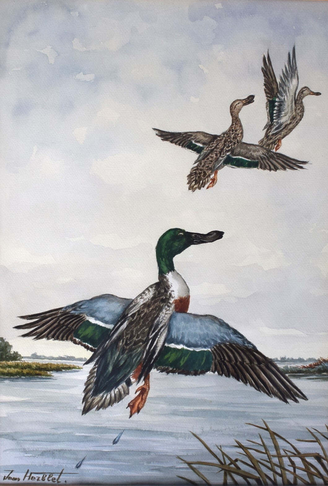 «Three Ducks In Flight Over Marsh» by Jean Herblet Ex- C.Z. Guest Estate