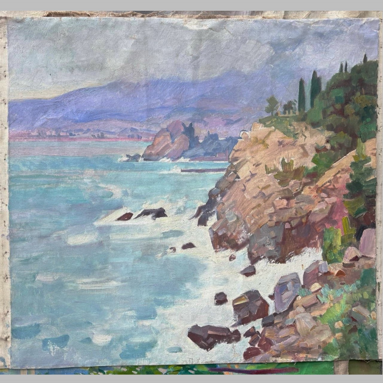 Old Big USSR OIL Hand PAINTING /Crimea Seaside Cliffs/Landscape Seascape Canvas