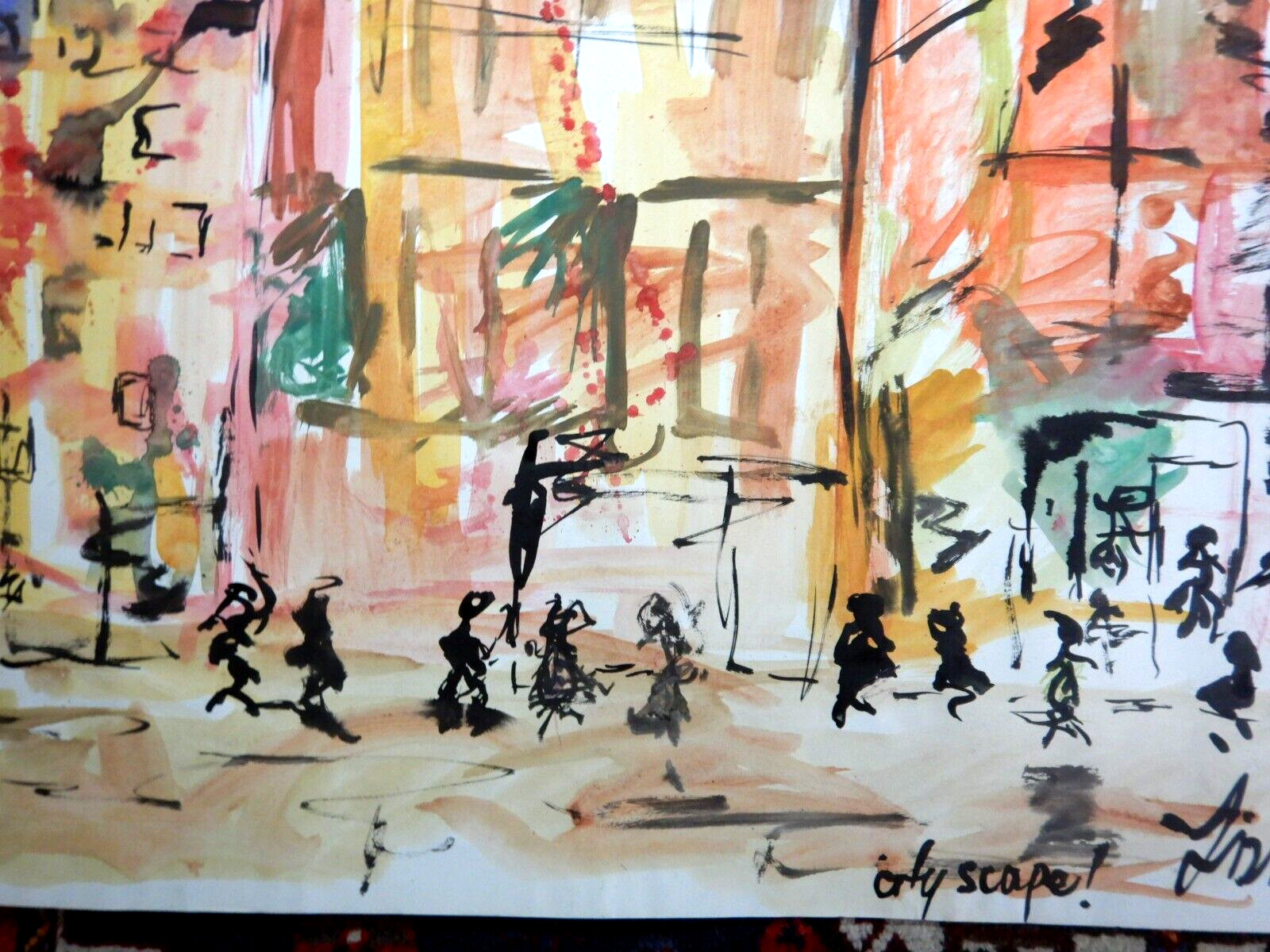 LARGE EXPRESSIONIST WATERCOLOUR PAINTING CITYSCAPE BY LIN 1987
