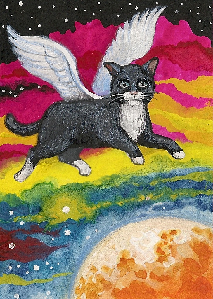 ART TUXEDO CAT ANGEL AURORA BOREALIS PRINT OF PAINTING ACEO RYTA Folk Fantasy 🌗