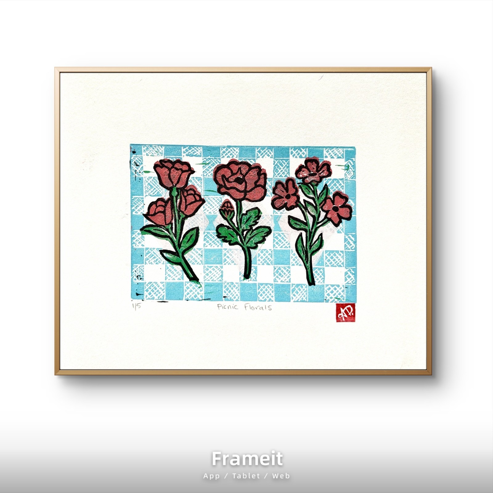 Original Picnic Florals 1/5 Linocut Hand Printed By Alannah Dyer Acrylic 8×10 in