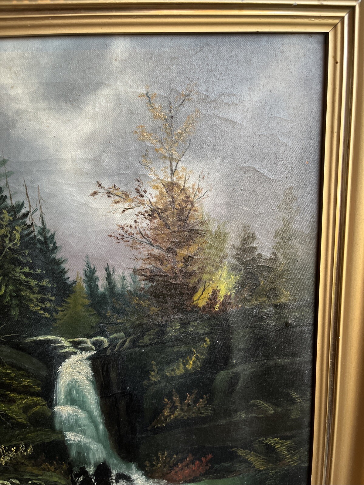 19th Century Beautiful Landscape Waterfall Oil Painting On Canvas Unsigned