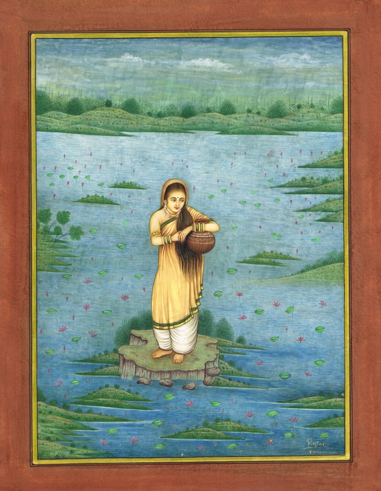 Handmade Lady Painting Of A Woman In Lotus River Art On Paper 10.5×13.5 Inches