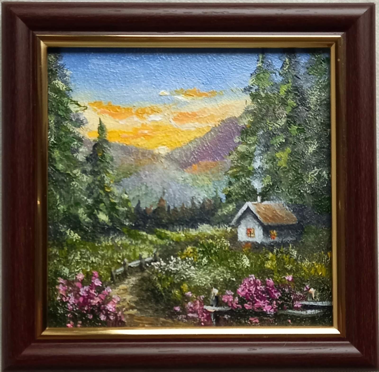 Orignal Oil Painting Summer Landscape Forest House in the Mountains 4 x 4 in