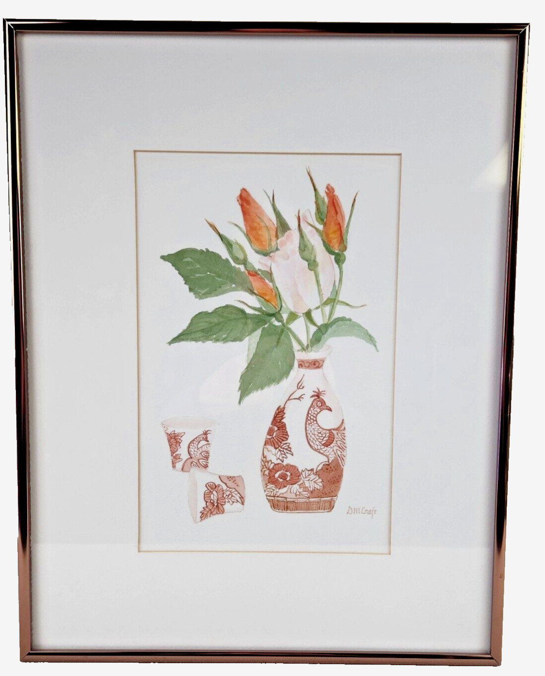 Watercolor Tulips in Vase Asian Inspired Signed Framed 14×18 Floral Green Orange