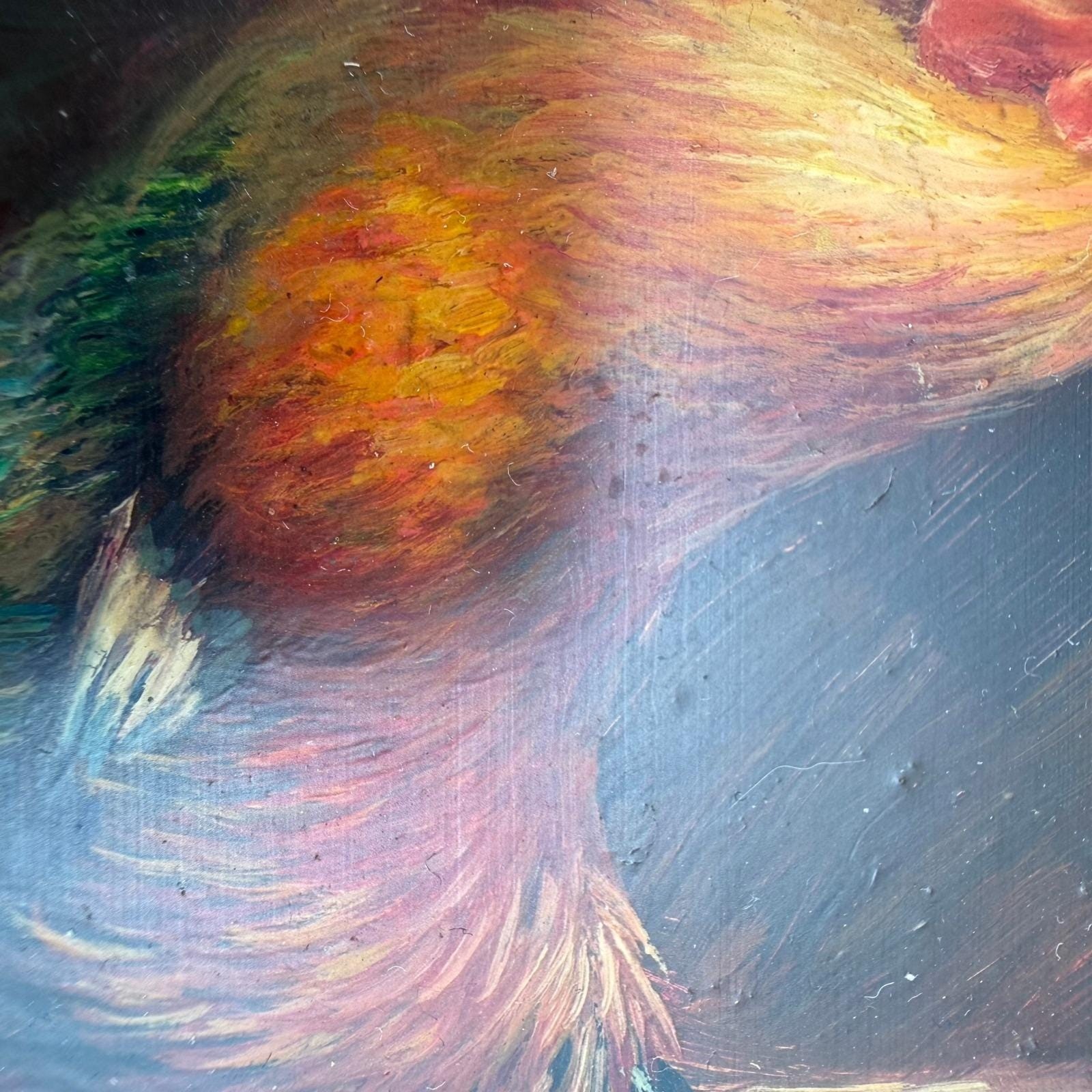 Hand Painted Rooster Hen Oil Painting Gold Black Checker Frame Kitchen Art 18×16