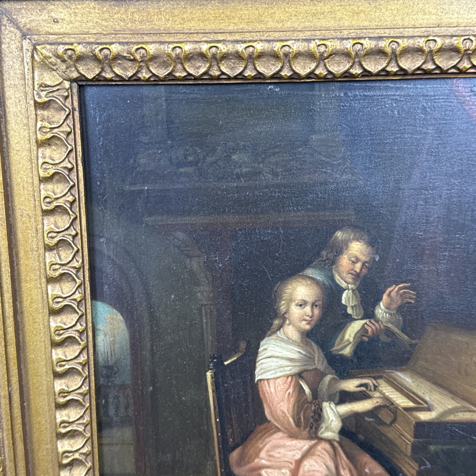 19thC Continental School Oil On Copper Painting Piano Lesson Framed 18×19”