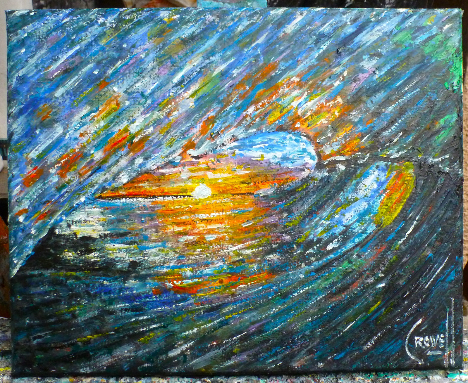 HEY, TUBULAR, MAN ! new 8×10 wave ocean oil painting original art signed Crowell