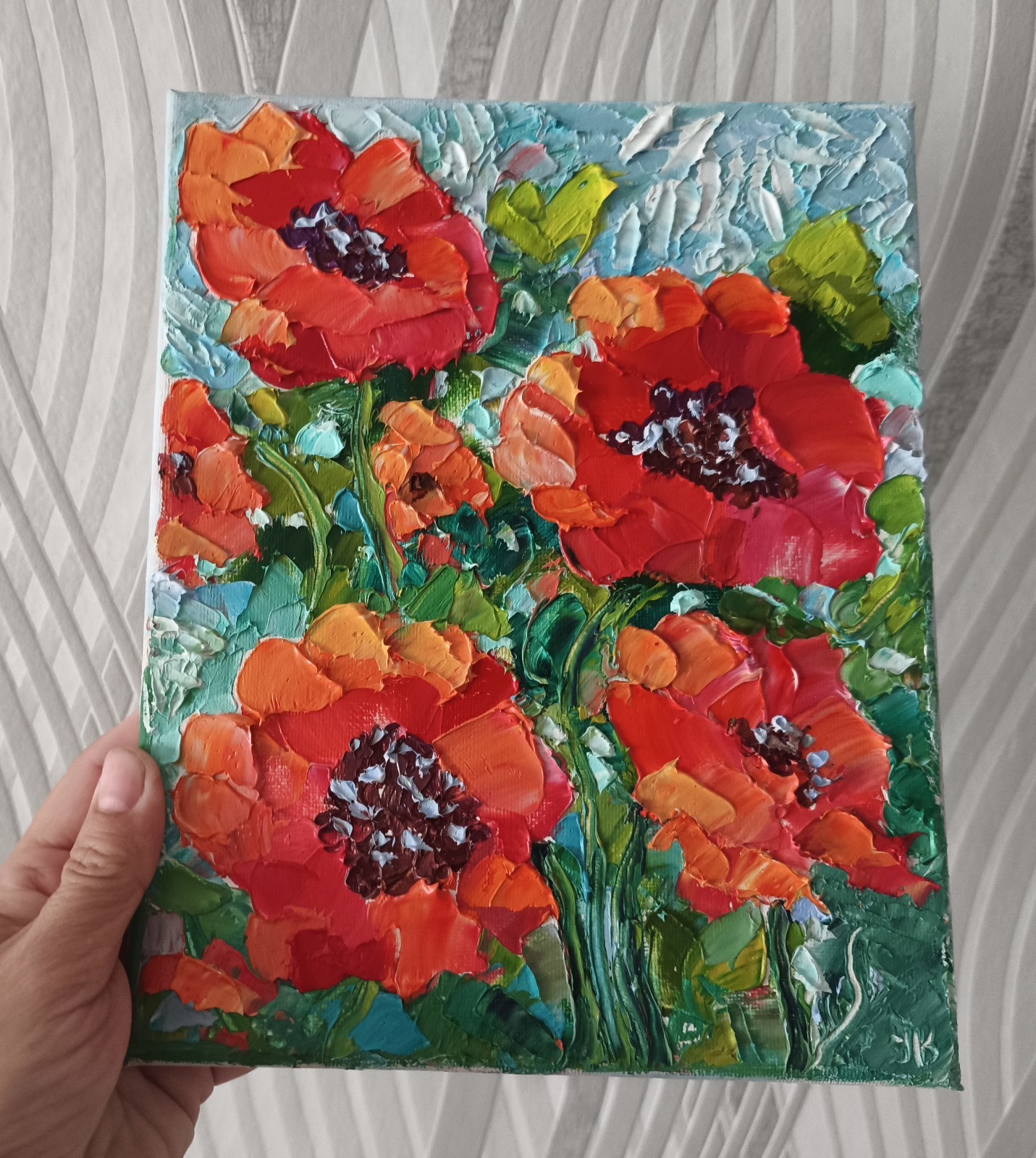 Original Oil Painting Red Poppy Flower Impasto Art on Canvas 25x20cm Signed