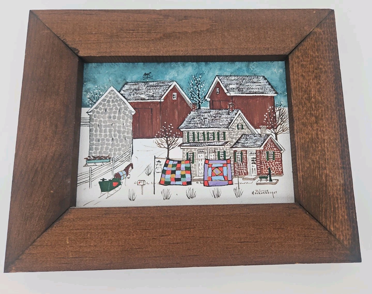 Vintage Signed Dolores Hackenberger Painting «Country Winter» Snowy Primative