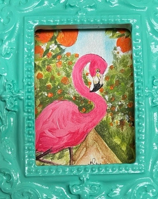 Pink Flamingo in Orange Grove watercolor print in mini vintage style frame