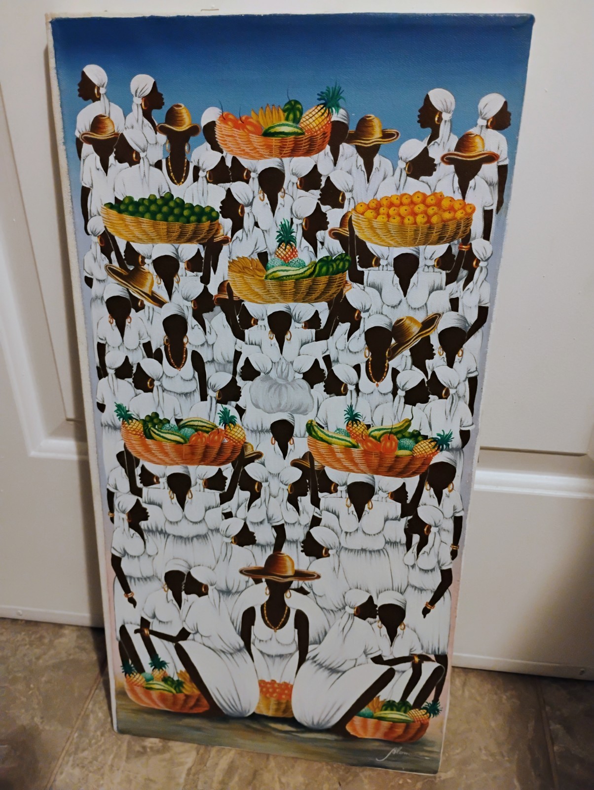 Acrylic Painting Of African Women Of A Marketplace Carrying Fruit Baskets