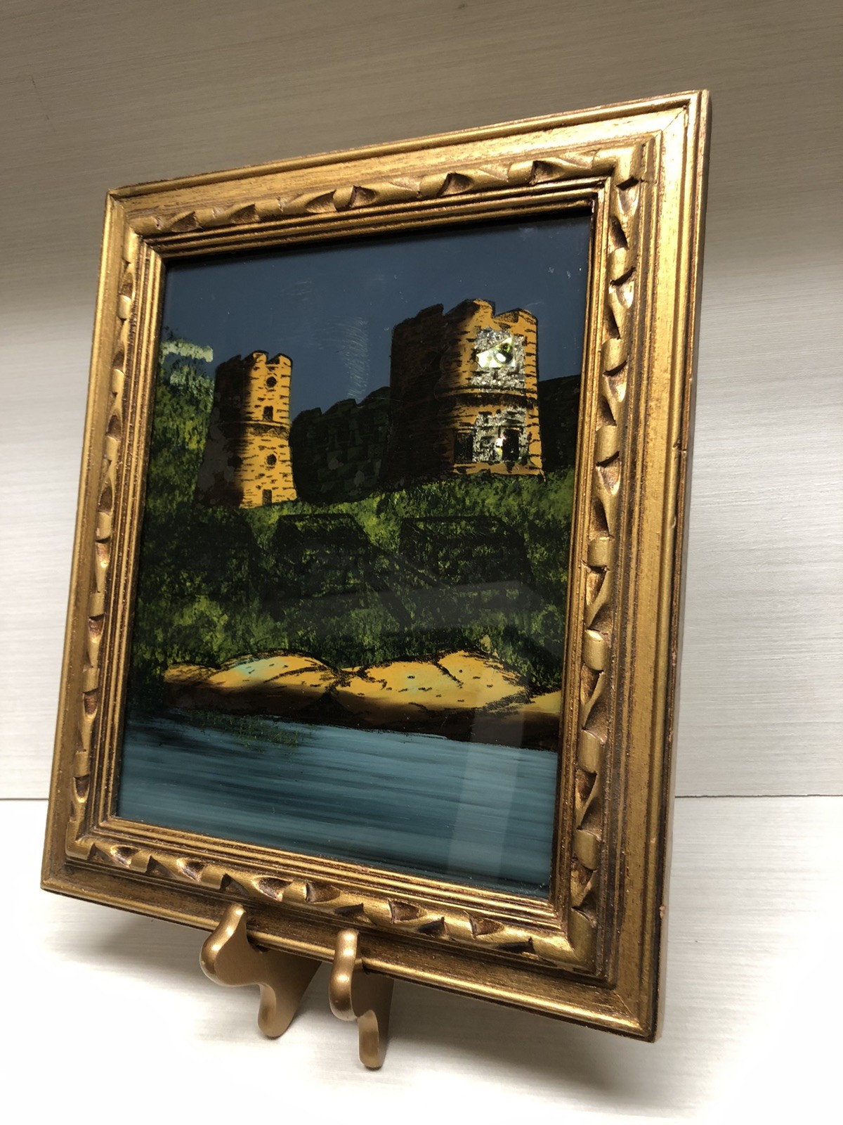 Unique VTG Castle Scene Reverse Painted On Glass With Abalone Shells Wood Frame