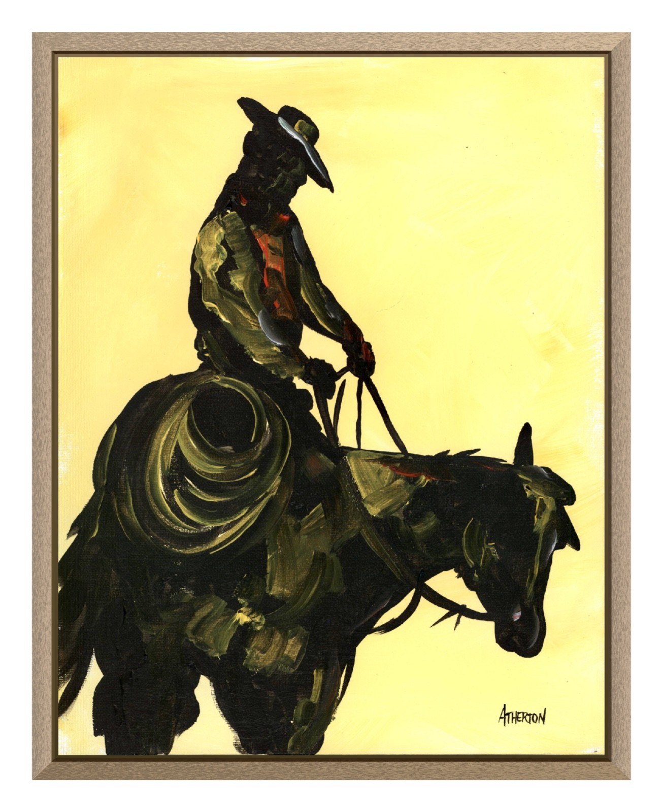 Atherton 11×14 Original Abstract Cowboy horse Painting «Yellow Rider» signed