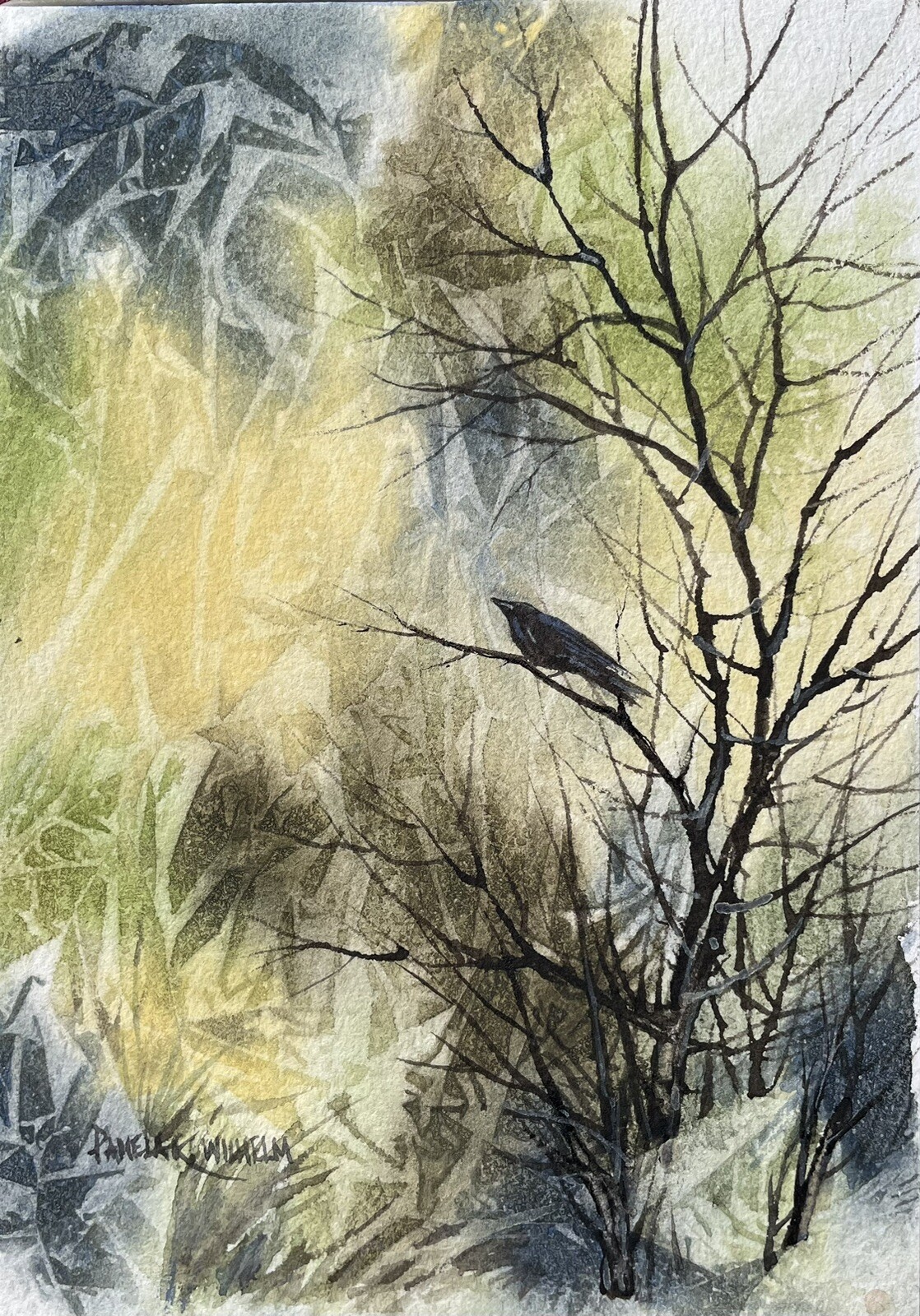 5”X 7” Original Watercolor Pamela Wilhelm Black Crow Green Yellow Grey Woods
