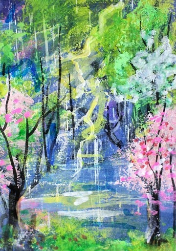 ACEO Original PAINTING Spring TREES Storm Flowers Rain Nature Landscape ATC ART