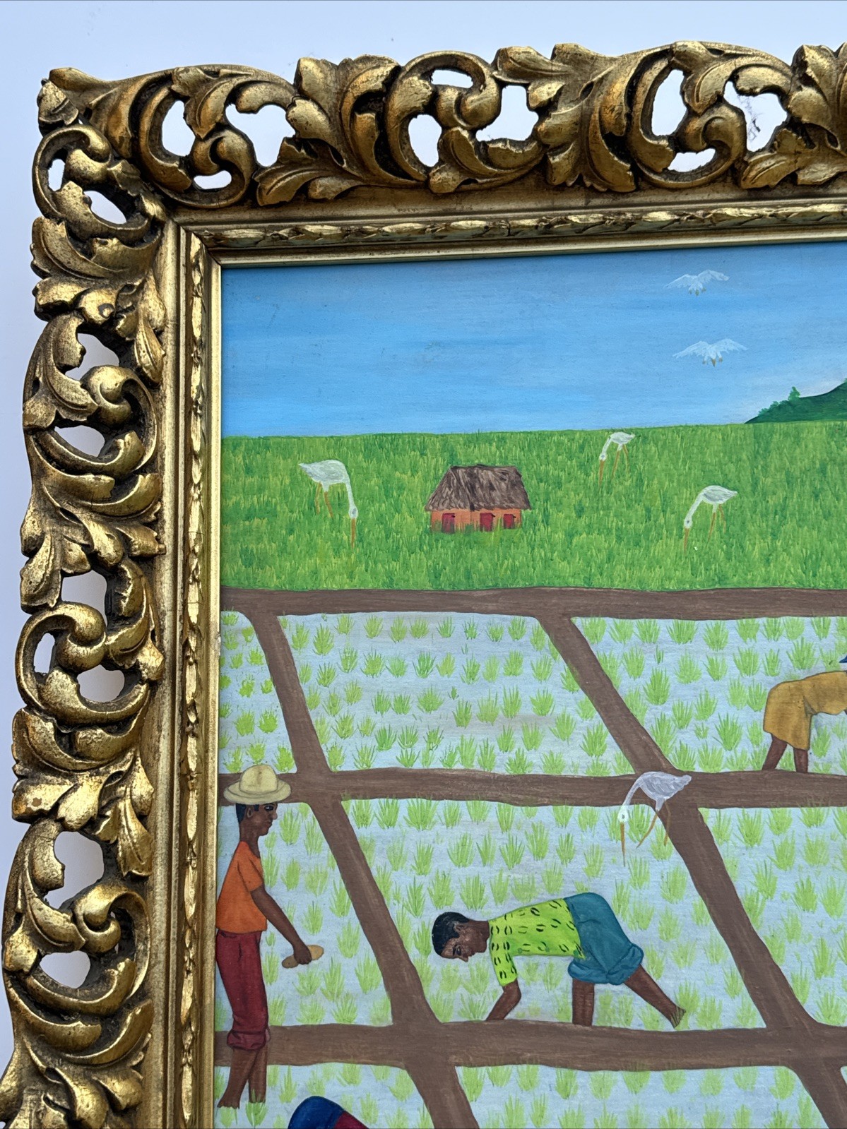 VINTAGE FOLK ART PAINTING FARM FARMING HAITI HAITIAN NAIVE WILNER CROPS PEOPLE