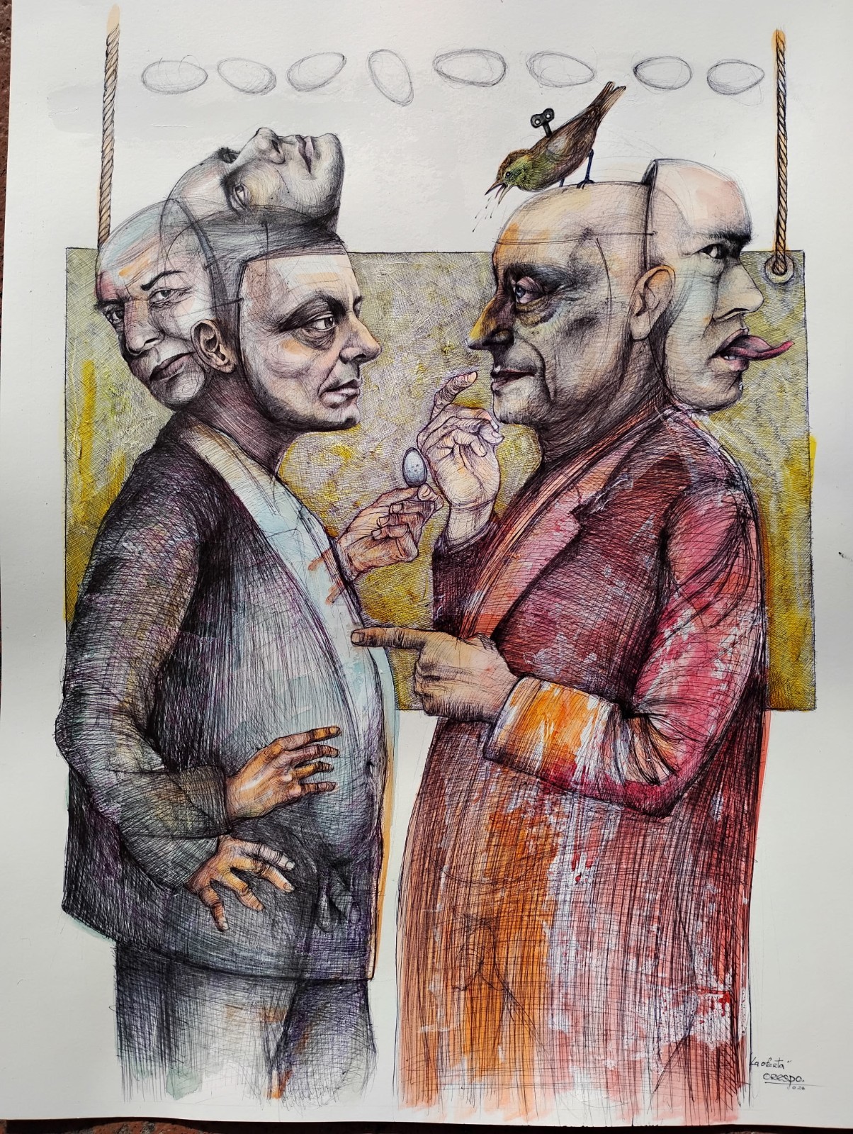 boligrafo ,acuarela on cardboard 19×25 in cuban art Eudaldo crespo «la oferta «