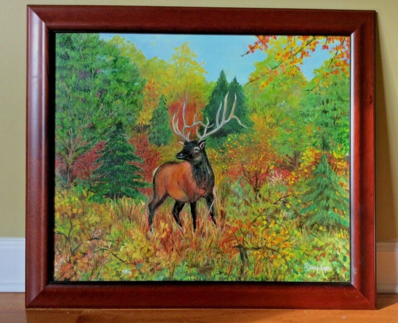 Moose oil painting Otiginal Art Spring season Wood Framed signed dark Academia