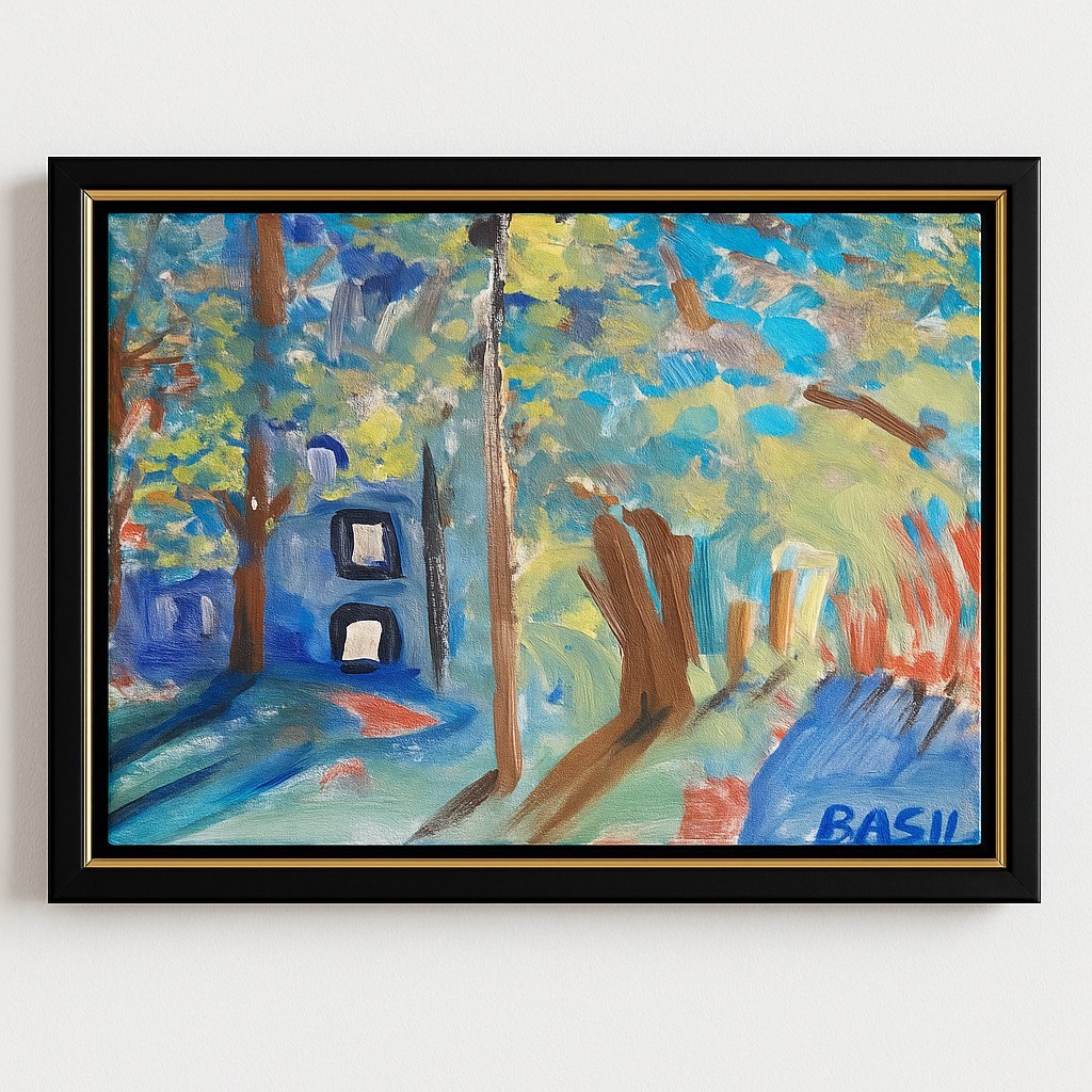 Whimsical Forest Cottage Landscape Original Acrylic Painting Colorful.