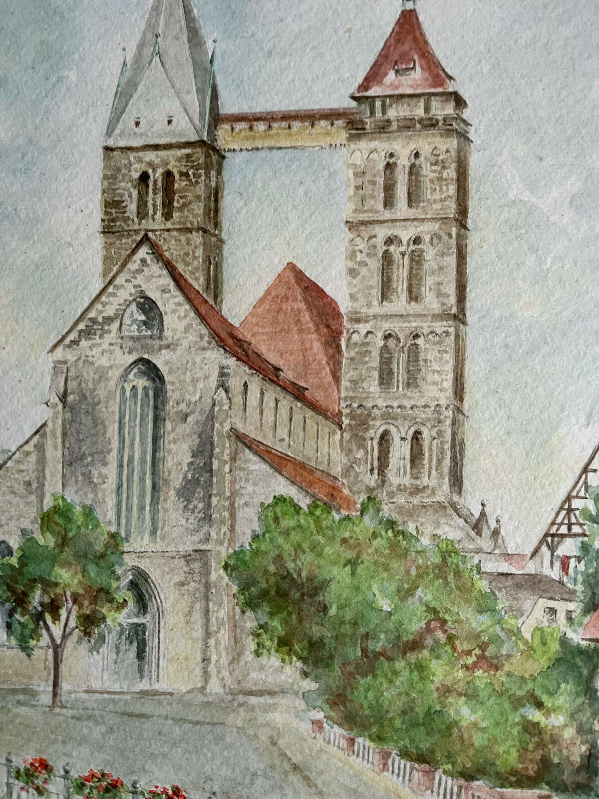 Watercolor Sign.Barth Date 1981 Esslingen Bridge with Church and Flower Details