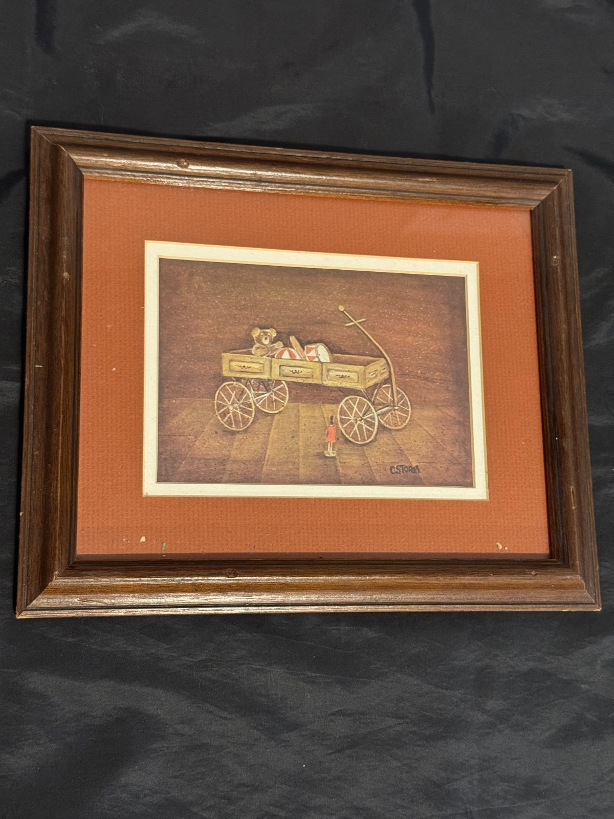 C Storm Toy Wagon Nursery Art Painting Wood Frame. Vintage