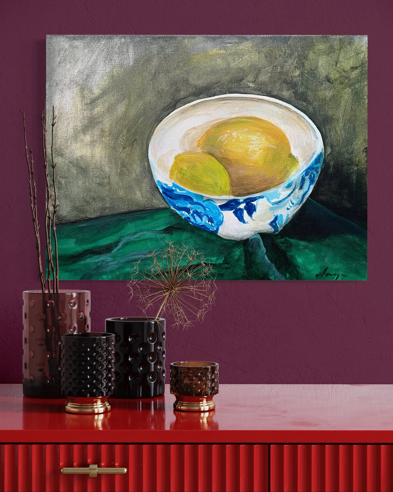 Lemons Original Canvas Painting Still Life Yellow Blue Green White Traditional