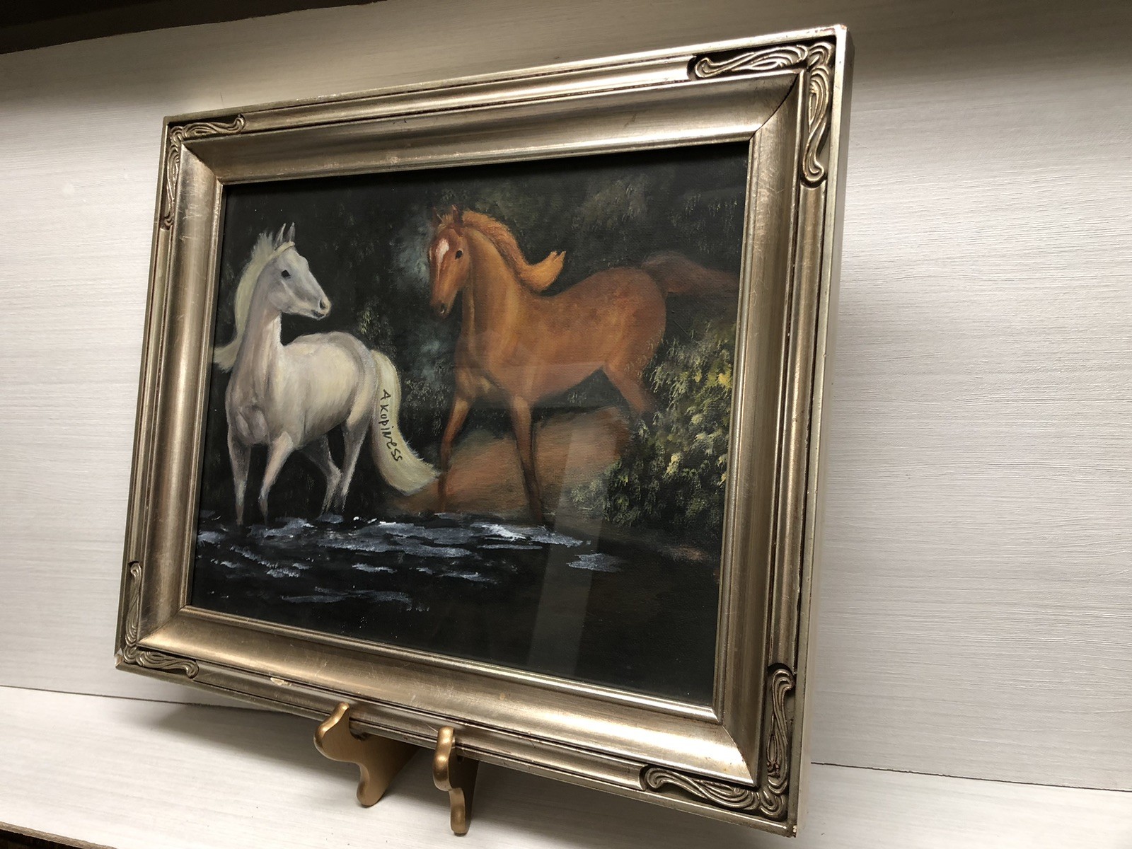 VTG Original Signed Oil On Canvas Painting Two Horses Wading In Water Framed 17”